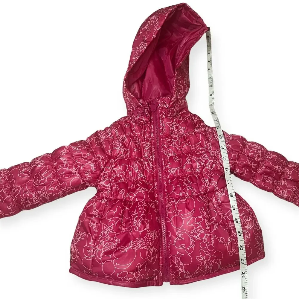 Disney Minnie Mouse Pink Puffer Jacket Toddler Girl Hooded Fleece Lined Coat 2T